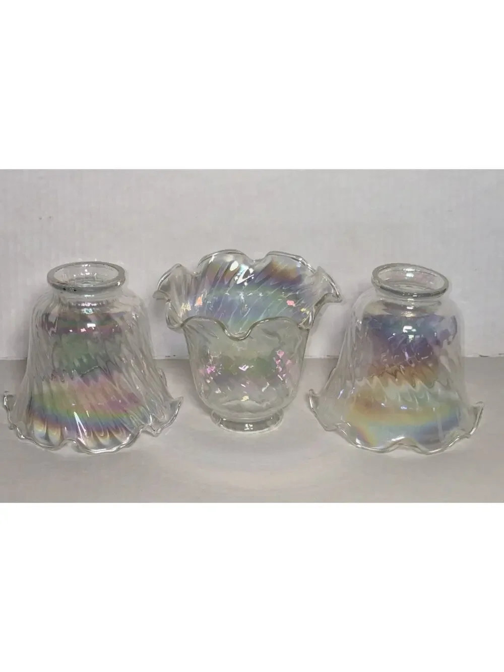 Iridescent 4” Light Shade Hurricane Lamp Swirl Bell Ruffled Fitter 2” Set of 3